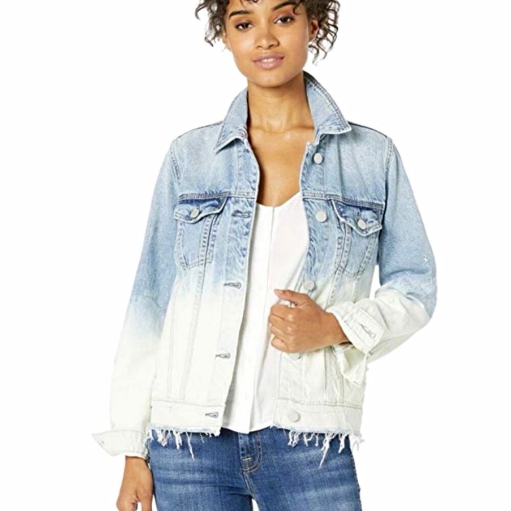 BLANKNYC Womens Ombre Distressed Jacket Raw Hem Button Front Blue/White Small